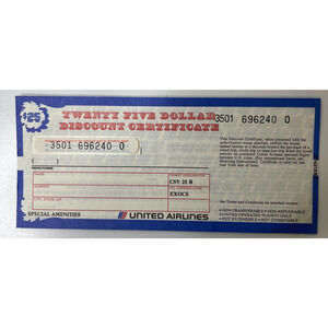 Lot of 2 Sealed United Airlines 25 Dollar Discount Certificate Vintage No Value